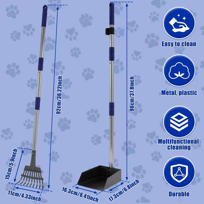 Long Handle Metal Dog Pooper Scooper Set with Rake, Spade