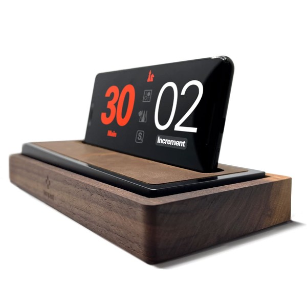 Tempest Deluxe - A Luxurious Walnut and Leather Chess Clock/Phone Dock Hybrid. Includes Deluxe Dock Plus Bundled iOS and Android Software (Phone is not Included - Works with Most Phone Models).
