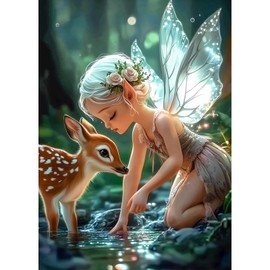 Lxmsja Fairy Diamond Painting Kits for Adults, DIY 5D Full Drill Forest Deer Diamond Art Kits for Beginners, Peinture Diamant Arts and Crafts for Adults, Home Wall Decor 12x16 inch