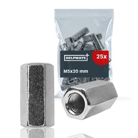 HELPMATE M5 Extension Nut - Galvanised Steel - Pack of 25 - Hex Extension Nut for Connecting Metric Thread (5x20x8)