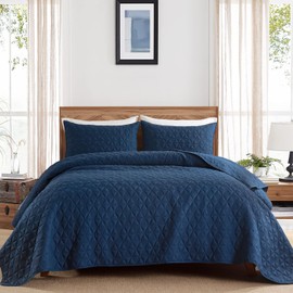 DJY Navy Blue Queen Quilt Bedding Set, Lightweight Soft Bedspread Coverlet, Geometric Pattern Queen Quilt Blanket Thin Comforter Bed Cover for All Seasons, 90x90 inches