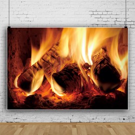 MIRRORANG 1,5x1m Fireplace Backdrop Burning Firewood Blazing Flame Burning Fire Photography Background for Christmas Party Children Kids Adult Portrait Photo Shoot Studio Props, Vinyl