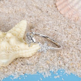 SILBERTALE Silver Starfish & Turtle Ring for Women S925 Sterling Silver Adjustable Open Ring Beach Jewelry Stackable Summer Ring