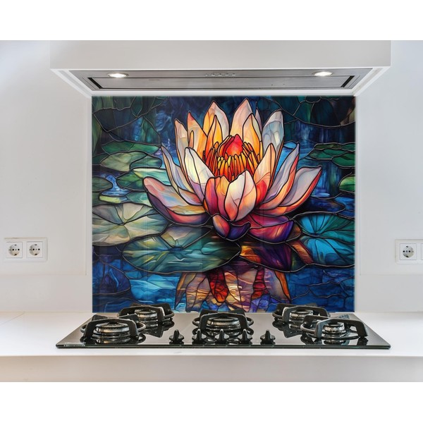 Myphotostation 25Wx18H'' Radiant Lotus Water Lily Backsplash Tempered Glass Backsplash,