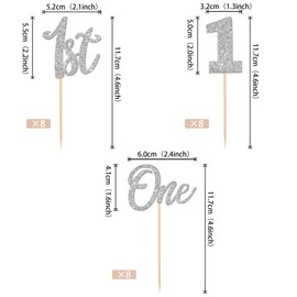 24 piezas de adornos para cupcakes de primer cumpleaños con purpurina para el primer cumpleaños, uno para cupcakes, número 1 para baby shower, niños, primer cumpleaños, aniversario, fiesta, decoración de pasteles, color plateado