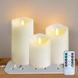 LEDHOLYT Rechargeable Flameless Candle, Flashing LED Pillar Real Wax Candle with Remote Control and Timer,Decorative Electronic Candles, 1 Set of 3