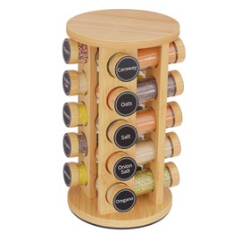 New England Stories Revolving Spice Rack Set with 20 Spice Jars, Kitchen Spice Tower Organizer for Countertop or Cabinet - Carousel Storage Includes 386 Spice Labels (Bamboo)