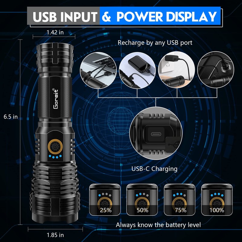 Flashlights LED High Lumens Rechargeable, Goreit 20,000 Lumens XHP70.2 Super