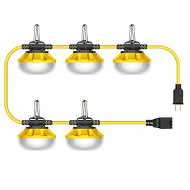 Construction Lights String Temporary Lighting - 50ft Work Light Stringer With 5 Integrated Jobsite LED Lights, 5000LM Super Bright Led Work Lights Carabiner Hooks Included