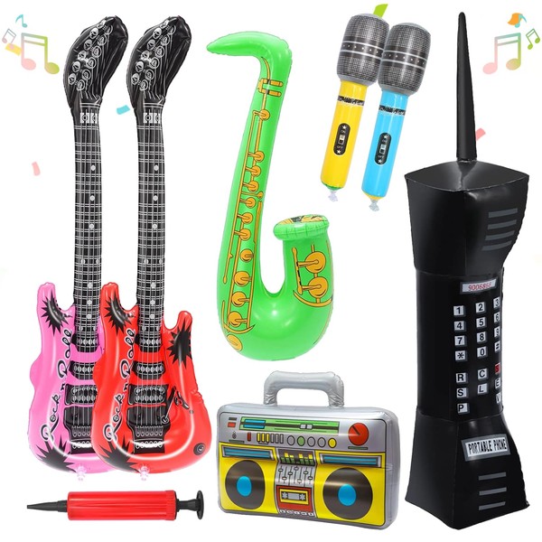 Gonflables Instruments de Musique, 8 pièces Gonflables Colorés Instruments avec Pompe à air, Gonflables Rock Microphones, Gonflables Guitares, Gonflable Saxophone, pour Décorations de Fête