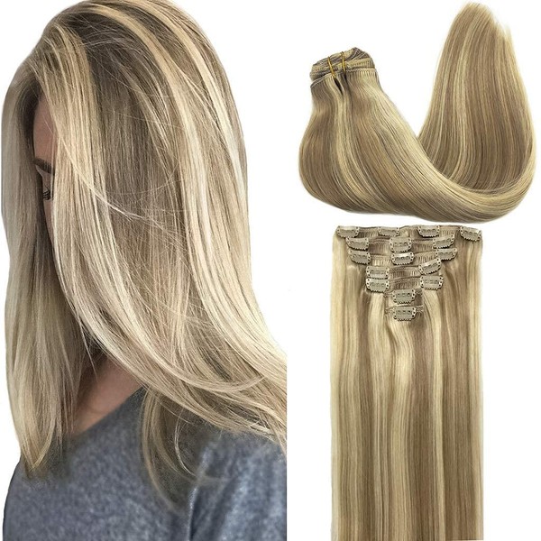 GOO GOO Clip-in Hair Extensions for Women, Soft & Natural, Handmade Real Human Hair Extensions,Light Blonde Highlighted Golden Blonde, Long, Straight #(P16/22), 7pcs 120g 14 inches