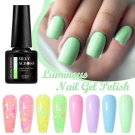 MEET ACROSS Jelly Glow in the Dark Gel Nail Polish, 8 Colors Luminous Neon Gel Polish Set Fluorescent Pastel Sequins Hot Pink Yellow Purple Glow Effect Soak Off UV Gel Polish for DIY Nail Art Design