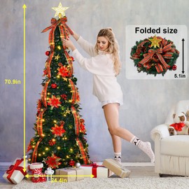 6Ft Pop up Christmas Tree with Remote Control, Pre Lit Christmas Tree with Lights, Ornaments, Ribbon, Flowers, Crocus, Pine Cone, Easy Assemble Collapsible Christmas Tree Decor for Outdoor Indoor