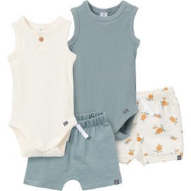 Modern Moments by Gerber Baby Boys' Ribbed 4-Piece Sleevless Bodysuit & French Terry Short Set, Cream/Teal, 6-9 Months