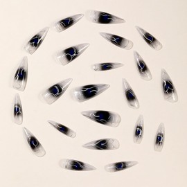 MouyouGlowGlow Press on Nails Short Lang,Stiletto Airbrushing Schwarz Herz Silber Striped Gothic Fake Nails mit Nagelkleber,Black Heart Silver Twill Künstliche Fingernägel