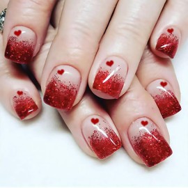 Valentines Press on Nails Short Square Fake Nails With Red Heart Designs Red Glitter French Tip False Nails Full Cover Stick on Nails Acrylic Romantic Nails for Women 24 Pcs