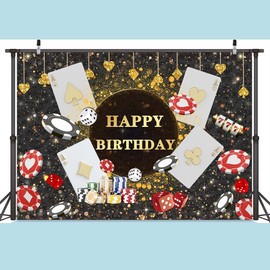 7X5ft Casino Theme Party Photo Backdrop Photography Background, Las Vegas Poker Dice Golden Glitter Happy Birthday Backdrops Photo Booth Prop Decorations Wall Decor Tablecloth