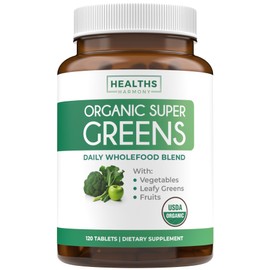 Healths Harmony USDA Organic Greens Powder (120 Tablets) Convenient Pills - Complete Superfood Supplement with 28 Fruits & Vegetables - Super Antioxidants, Energy, Gut Health, and Immune Support (No Capsules)