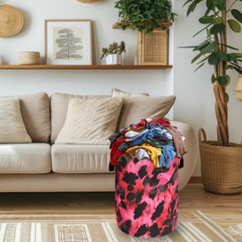Pink Leopard Print Laundry Hamper Oxford Cloth Sexy Animal Skin Texture Laundry Basket With Handle Portable Clothes Storage Basket Foldable Laundry Bag 18.9"x16.5" For Laundry Room/Bedroom/Bathroom