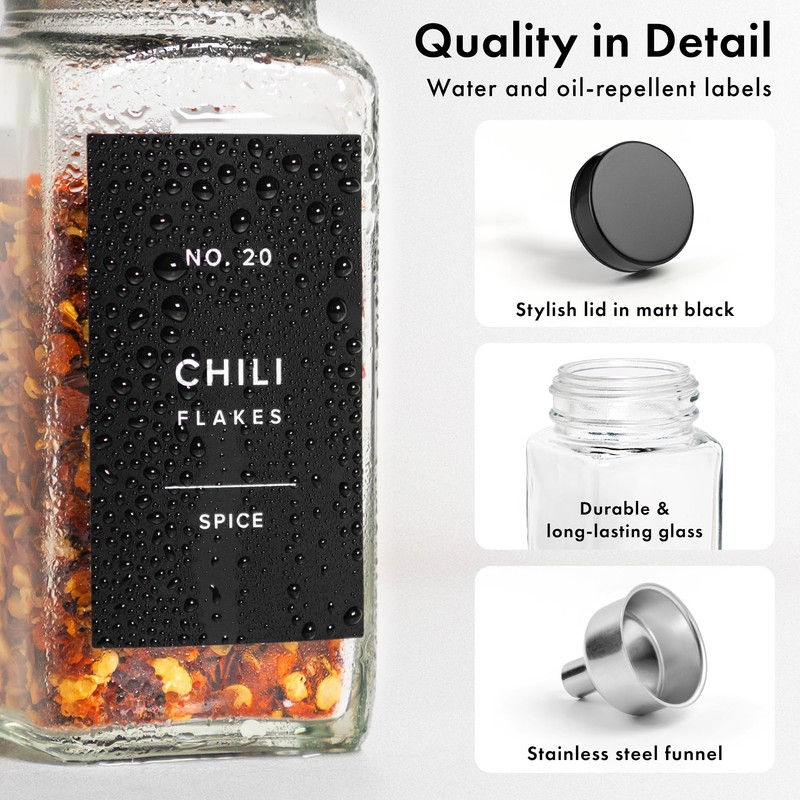 EDELHAUS Glass Spice Jars with Label and Stainless Steel Lids