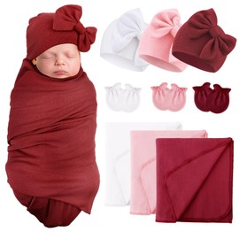 AQOKKA Newborn Receiving Blanket with Bow Hat Mittens Set Nursery Swaddle Wrap Toddler Swaddles for Newborn Baby Boy Girl