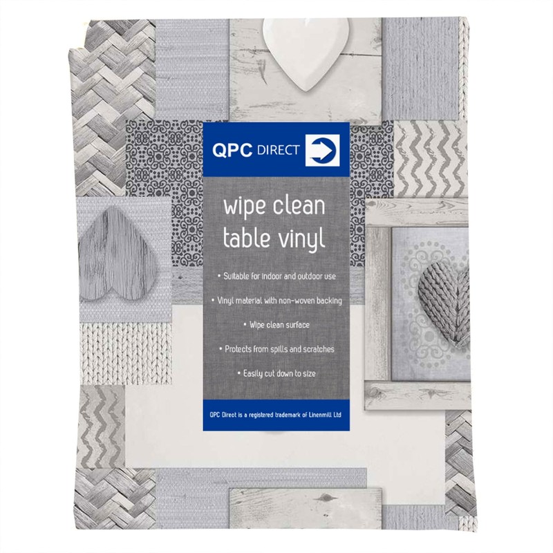 QPC Direct Knitted Hearts Grey PVC Oilcloth Table Cover Vinyl