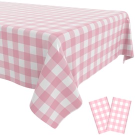 Wuvolution party Pink and White Gingham Tablecloth (2 Pack),54 x 108 Inch Checkered Table Cloth Rectangle,Pink Picnic Plastic Table Cloth Disposable, Camping Checkered Tablecloths Rectangular.