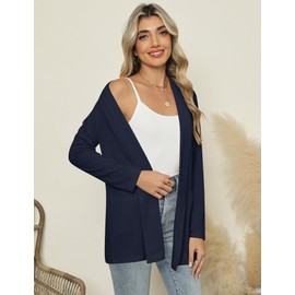 Micoson Long Sleeve Cardigan for Women Open Front Casual Loose Thin Cover up with Pockets Navy Blue L