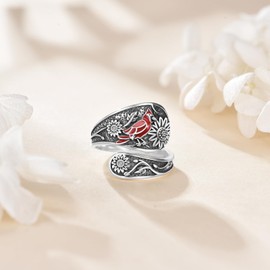 Hancock Red Cardinal Sunflower Ring Sterling Silver Vintage Spoon Ring Jewelry Gifts for Women