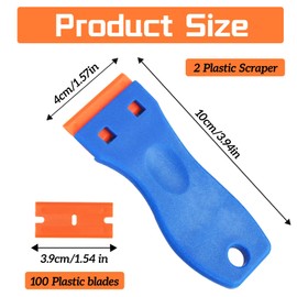 Pack of 2 Plastic Scrapers with 100 Plastic Blades, Plastic Spatula, Sticker Remover, Car Plastic Scraper, Plastic Scraper for Vinyl Sticker Removal
