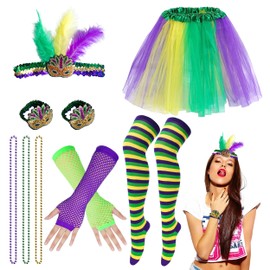 8Pcs Mardi Gras Costume Accessory Set, Mardi Gras Party Decorations with Headbands Necklace Bracelet Gloves Skirt Socks