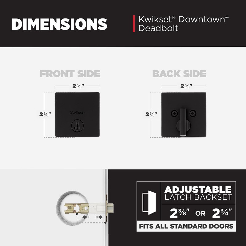 Kwikset Downtown Deadbolt Lock, Matte Black Square Exterior Keyed Front