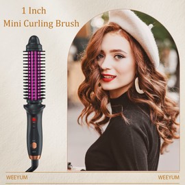 Mini Curling Iron Brush 1 Inch Barrel for Travel, Hair Curler Curling Wand with Extra Long Tourmaline Ceramic Barrel, Anti-Scald Brush Curling Iron for Short/Shoulder Hair
