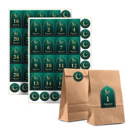 Ramadan Calendar for Filling - 30 Eid Mubarak Bags, Ramadan Number Stickers 1-30 and Closure Sticker - Ramadan Gifts Children and Adults - Ramadan Decoration with Eid Mubarak Sticker Gold - Green