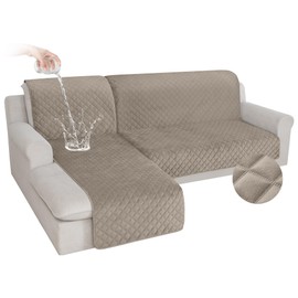 HDCAXKJ Waterproof Sectional Couch Covers Velvet Quilted 2-Pieces L Shape Sofa Cover Washable Thick Non Slip Sectional Slipcovers with Chaise Furniture Protector for Dogs Pets (Khaki, Large)