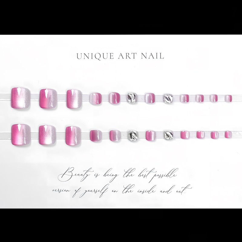 [ALLEVG]ネイルチップ 足用 24枚入 ローズオムブレキャットアイ × スワロフスキーデコ付け爪 フットネイルチップ フットネイル 足用 マグネットネイルチップ