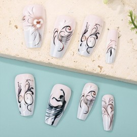 Medium Square Press on Nails Ballerina Fake Nails with Flower Lines Dance Designs 24 Pcs Natural Reusable Acrylic Nail Full Cover Stick on Nail for Women WYFHDT
