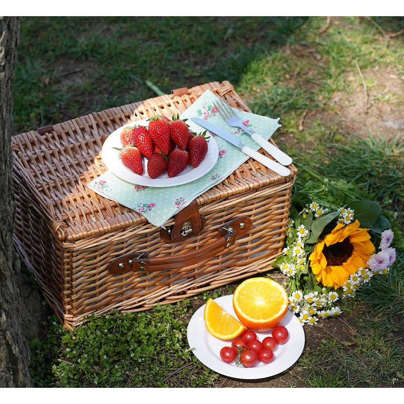 Wicker Picnic Basket for 2, Handmade Willow Hamper Basket Sets