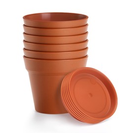 FHWTY 6 Pack Plastic Plant Pots with Drainage Holes and Tray, 4 inch Thickened Indoor Planters Seedlings Nursery Pots for Flowers, African Violet, Succulent and All House Plants, Terracotta