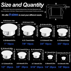 Tnisesm 190Pcs 9 Sizes Nylon Plastic Hole Plugs 1/5" 1/4" 5/16" 3/8" 1/2" 5/8" 3/4" 7/8" 1"Round Drill Hole, Flush Type Panel Knockout Locking Plugs,Screw Covers for Furniture Cabinet Insert End Caps