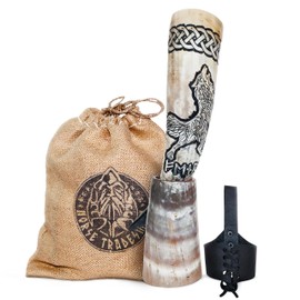 Norse Tradesman Genuine 12" Ox-Horn Viking Drinking Horn with Exquisite Hand Engraved Wolf & Celtic Knot, Black Leather Belt Holster, Fitted Horn Stand & Burlap Gift Sack Included - Wolfsbane, 12-In