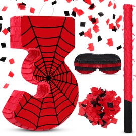 WinnerWhy Number 3 Spider Piñata Bundle with Blindfold and Bat Comic Hero Small Piñata Birthday Party Decoration for Mexican Fiesta Cinco De Mayo Anniversary Celebration Gift, 15.75 x 11 x 2.8 in