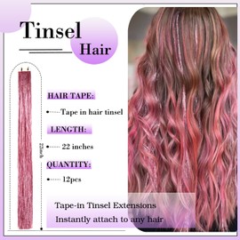 Hair Tinsel Tape in Tinsel Hair Extensions 12 Pcs Sparkly Heat Resistant Glitter Fairy hair Accessories 22 Inch Long Party Festival Colored Hair Extensions for Girls Women (Pink)