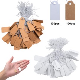 KQDRAVINE Pack of 200 Mini Price Tags with Elastic Cord, 26 x 13 mm Labels Pendants, White and Brown Price Tags Flea Market for Jewellery Display, Labels for Clothes, Flea Market