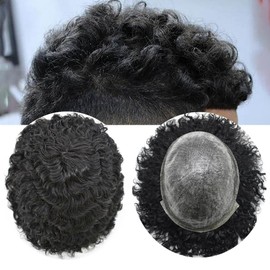 SINGA HAIR Hair Units for Black Men Afro Toupee for Black Men Kinky Curly Human Hair Piece Replacement African American Afro Wavy Mens Toupee Full Poly Thin Skin (12MM Afro Wave, 1# Jet Black)