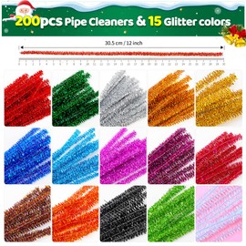 200pcs in 15 Glitter Colors, Pipe Cleaners,Glitter Pipe Cleaners, Chenille Stems, Pipe Cleaners for Crafts, Pipe Cleaner Crafts, Art and Craft Supplies.