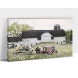 Farmhouse Wall Art - Barn Pictures Wall Decor, White Barn & Flowers Canvas Print For Kitchen Decor, Modern Rustic Landscape Painting, Vintage Cars Artwork Framed For Living Room Wall Decor12×18 inches
