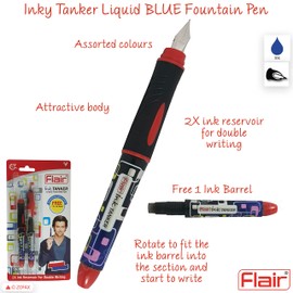 Flair Inky Tanker BLUE Fountain Pen Set Steel Nib Iridium Tip Cartridges (RED Body Shade)