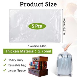 Extra Large Clear Plastic Storage Bags, Pack of 5, 100 x 152 cm, Flat Reusable Plastic Bags for Storing Luggage, Suitcases, Furniture, Quilt, Chair