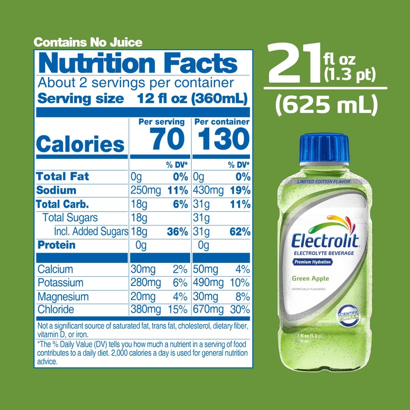 Electrolit, Electrolyte Beverage, Green Apple, 21 Fl Oz bottle (Pack